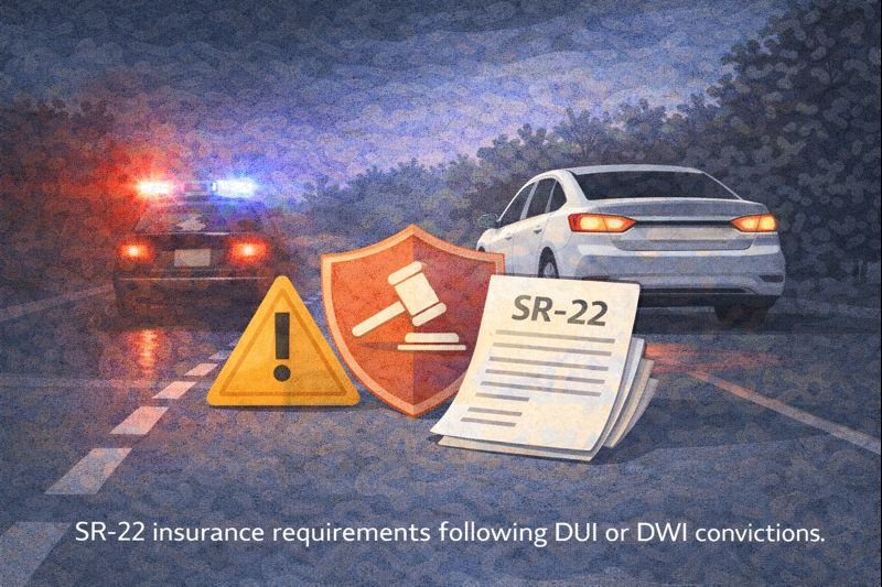 Illustration showing legal and insurance consequences after a DUI or DWI conviction requiring SR-22 insurance